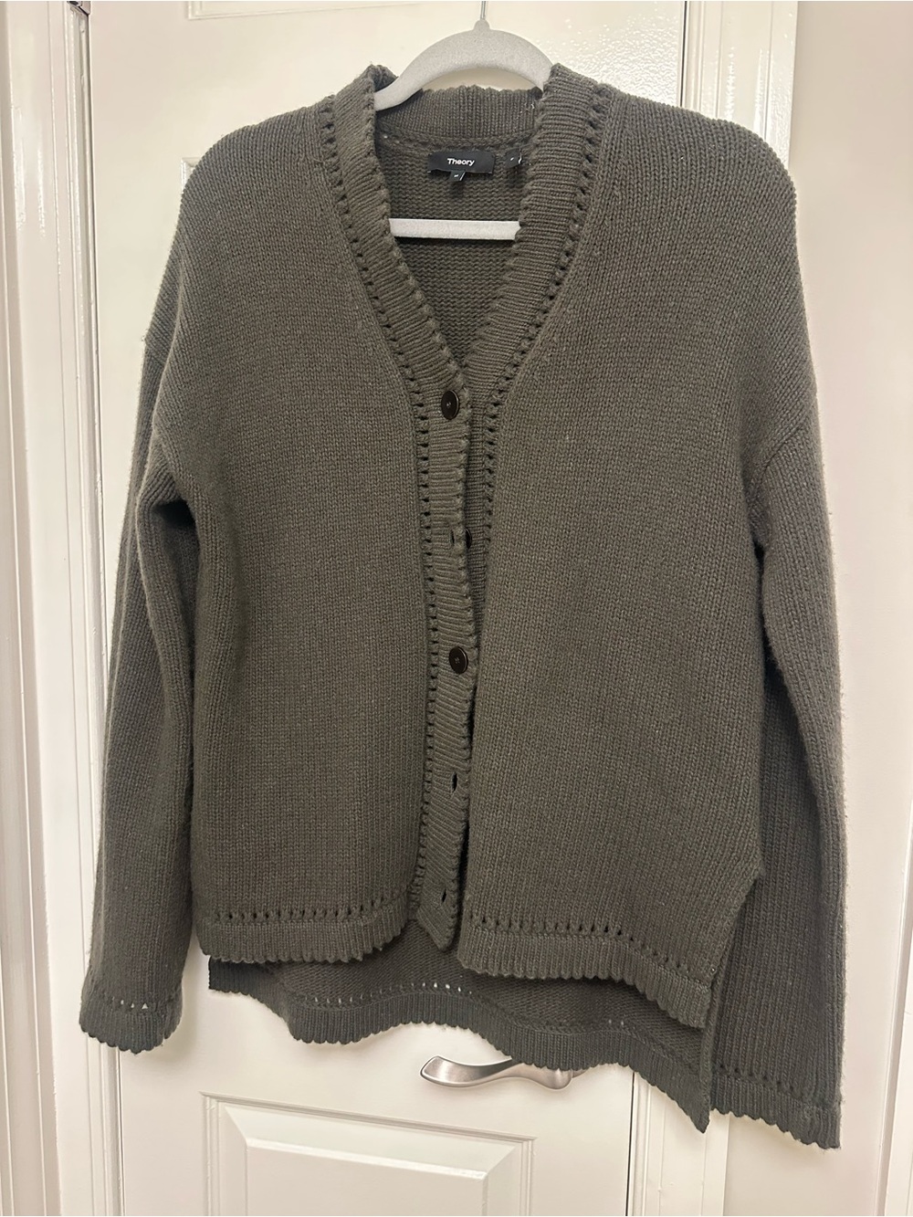 Theory Olive Green V-Neck Button Cardigan Sweater